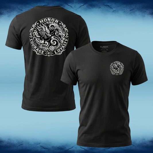 Black short-sleeve t-shirt shown from both front and back against a blue textured background. The front features a small white circular dragon graphic on the left chest, and the back features a large white circular dragon graphic with the words HONOR, COURAGE, and LOYALTY.