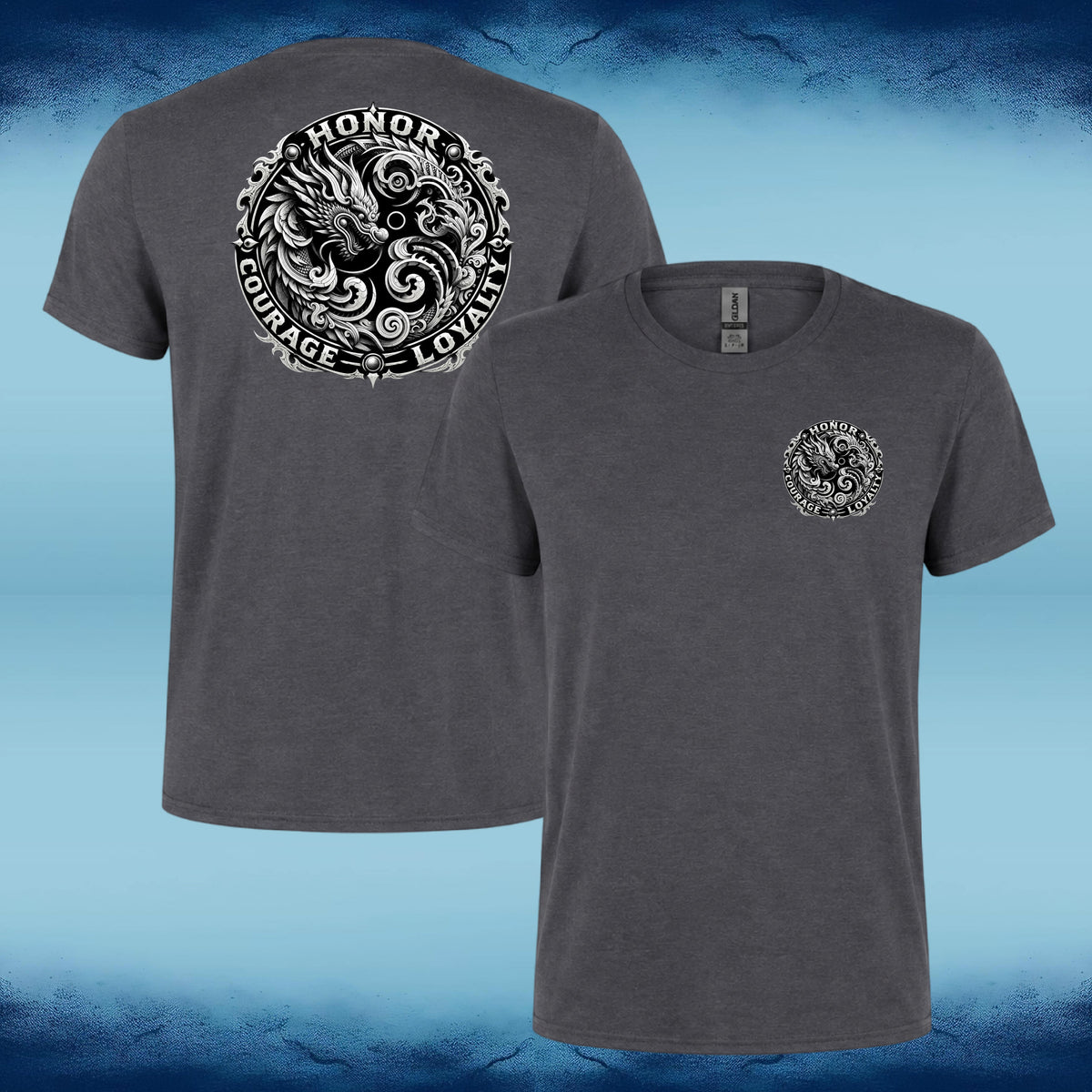 Two views of a dark heather gray t-shirt showing the front and back. The back features a large circular graphic of a dragon with the words 'HONOR', 'COURAGE', 'LOYALTY' in white.
