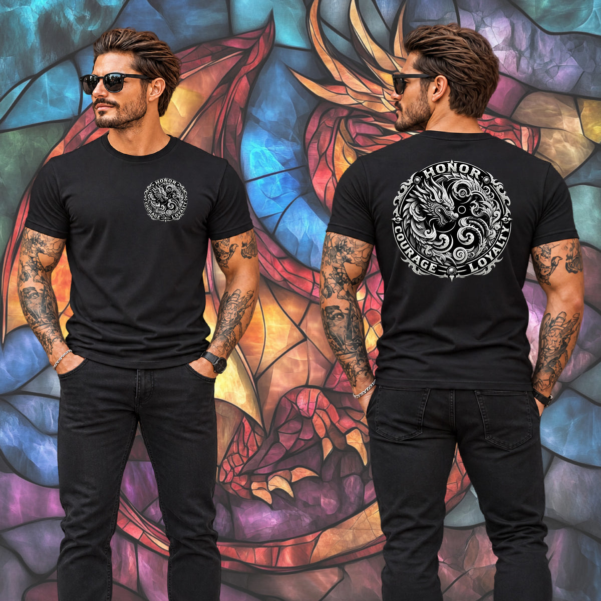 A man modeling a black short-sleeve graphic T-shirt from the front and back, standing in front of a colorful stained-glass-style dragon mural. The front shows a small circular chest graphic, and the back shows a large circular graphic with a dragon and the words 'HONOR COURAGE LOYALTY'.