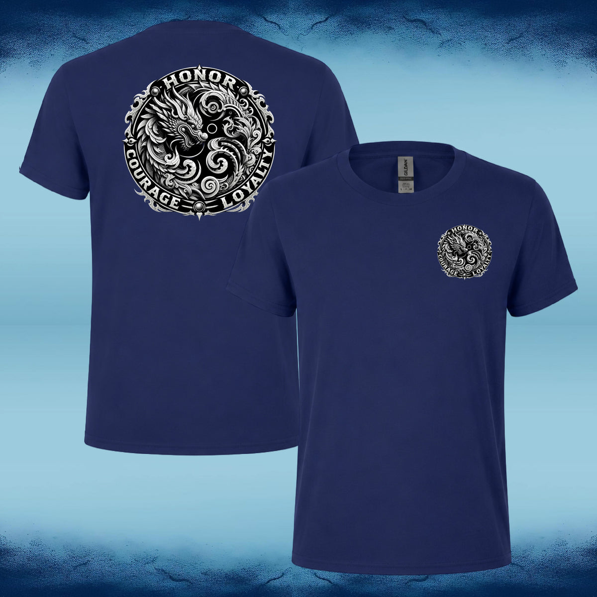 Two navy blue short-sleeve t-shirts shown against a blue gradient background, displaying the front and back views. The back of the shirt features a large circular black and white graphic of a dragon with the words 'HONOR', 'LOYALTY', and 'COURAGE' printed around it.