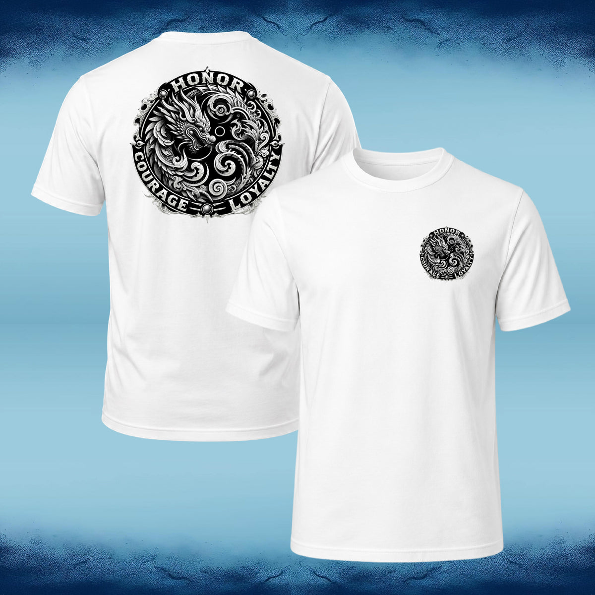 Two white short-sleeve T-shirts shown against a blue gradient background, displaying the front and back views. The back shirt features a large circular black graphic with a dragon and the words 'HONOR', 'COURAGE', and 'LOYALTY'.