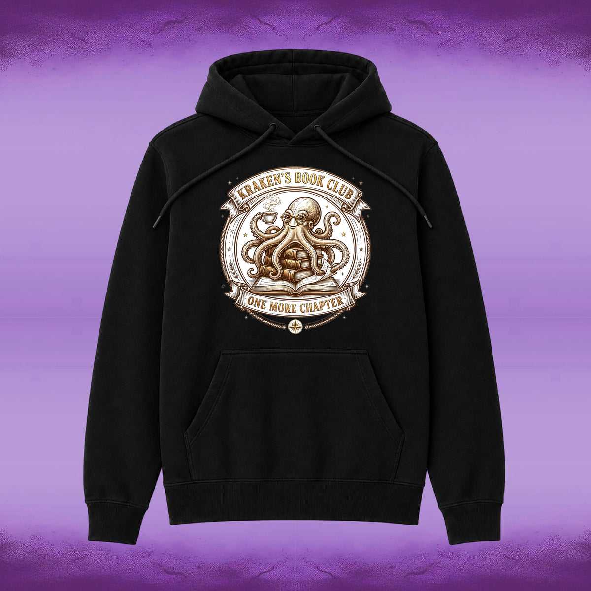 A black pullover hoodie with a large circular graphic on the chest featuring an octopus and the text 'Kraken's Book Club' and 'One More Chapter'. The hoodie is displayed against a purple textured background.