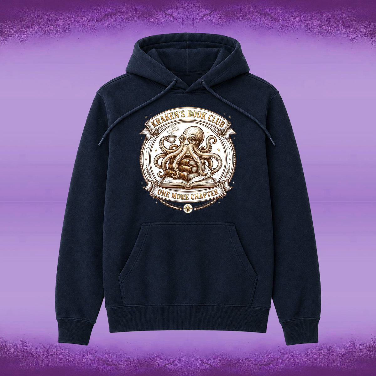 A dark navy blue hoodie with a detailed graphic on the chest featuring an octopus and the text 'KRAKEN'S BOOK CLUB' and 'ONE MORE CHAPTER'. The hoodie is displayed against a purple textured background.
