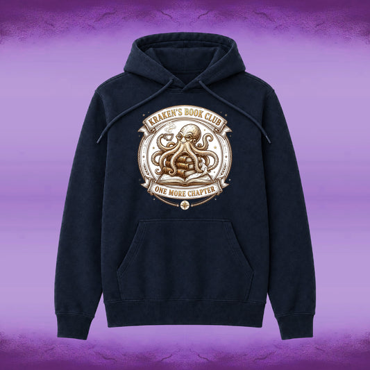 A dark navy blue hoodie with a detailed graphic on the chest featuring an octopus and the text 'KRAKEN'S BOOK CLUB' and 'ONE MORE CHAPTER'. The hoodie is displayed against a purple textured background.