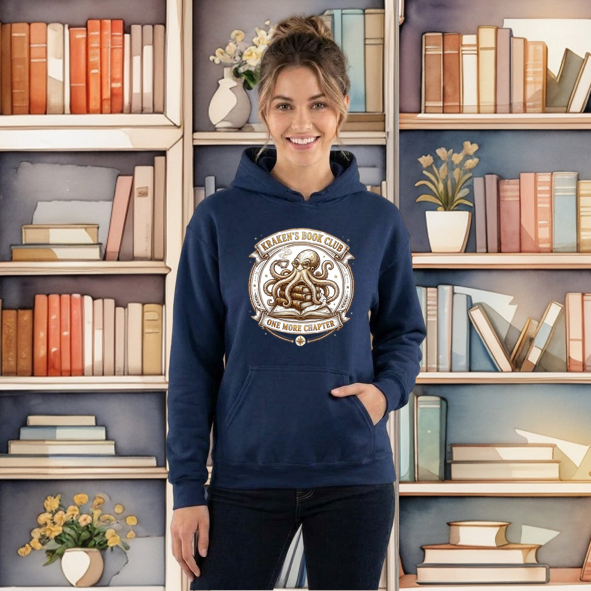 A woman wearing a navy blue hoodie with a 'Doge Club' octopus graphic, standing in front of a bookshelf background.