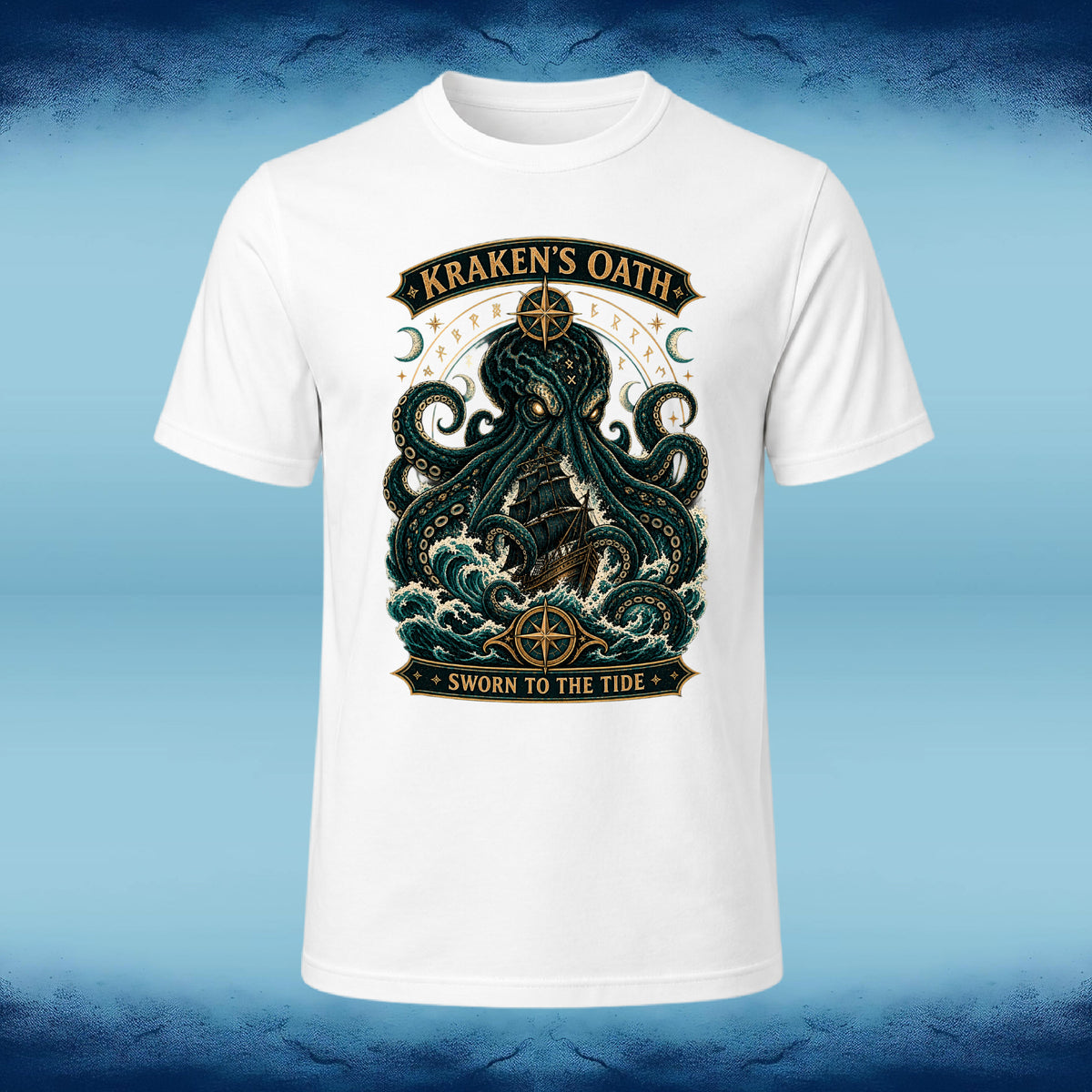 White crew neck tee with the Kraken's Oath intricate kraken graphic, by Sigil Harbor