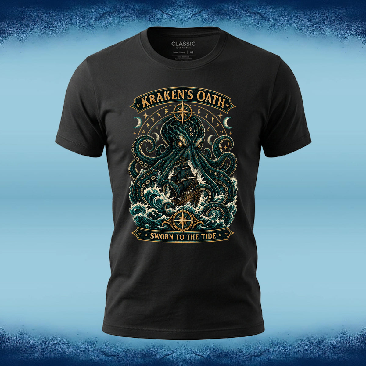 Front of a black crew neck tee with the Kraken's Oath intricate kraken graphic, by Sigil Harbor