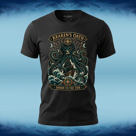 Front of a black crew neck tee with the Kraken's Oath intricate kraken graphic, by Sigil Harbor