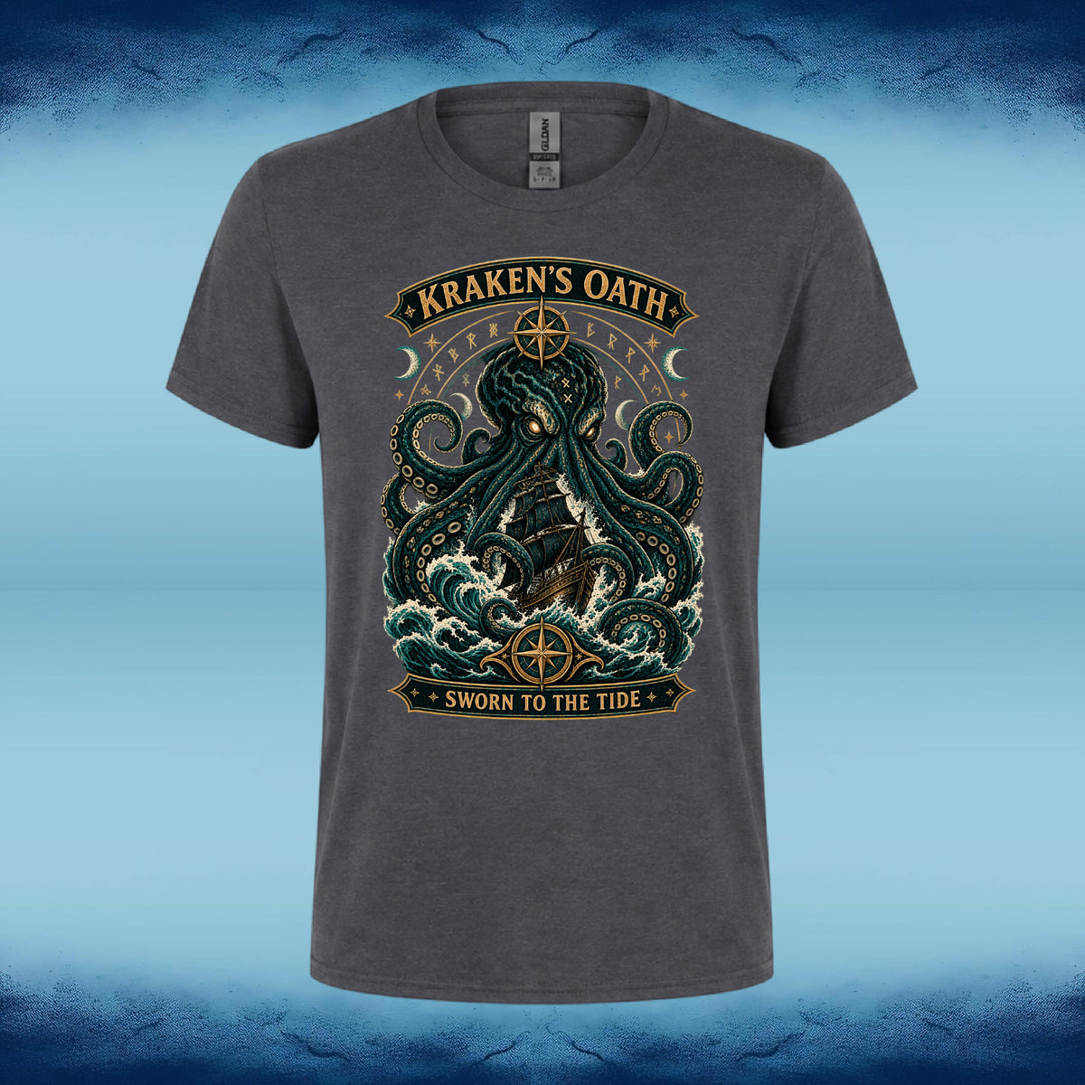 Dark grey crew neck tee with the Kraken's Oath intricate kraken graphic, by Sigil Harbor