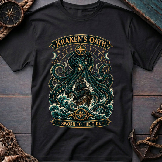 Kraken's Oath premium graphic tee laid flat, featuring an intricate kraken design, by Sigil Harbor