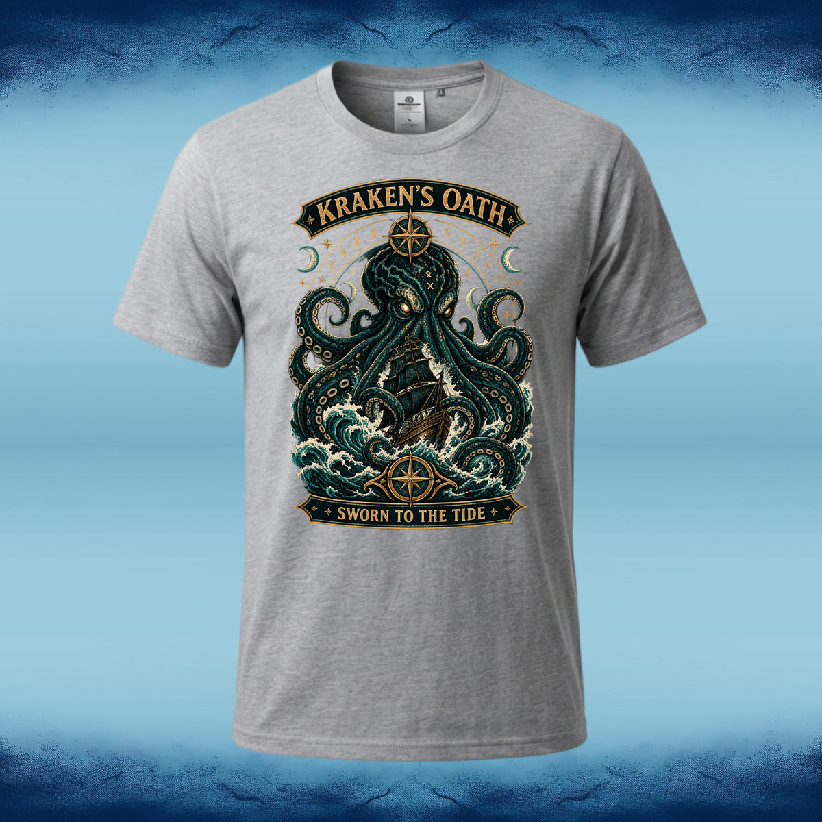 Light sport grey crew neck tee with the Kraken's Oath intricate kraken graphic, by Sigil Harbor