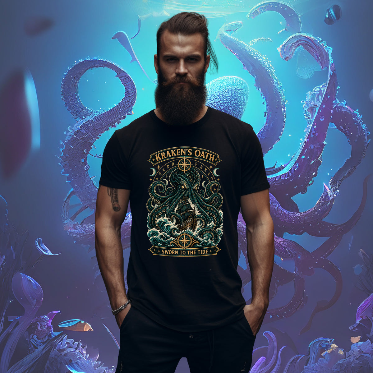 Model wearing the Kraken's Oath nautical fantasy graphic tee by Sigil Harbor