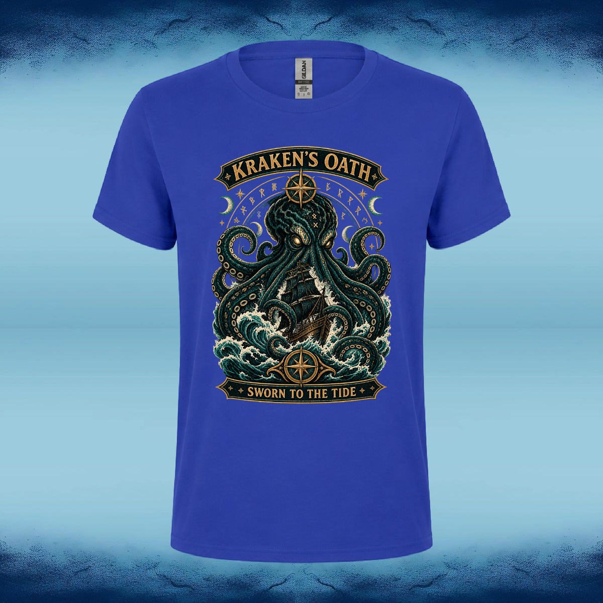 Royal blue crew neck tee with the Kraken's Oath intricate kraken graphic, by Sigil Harbor