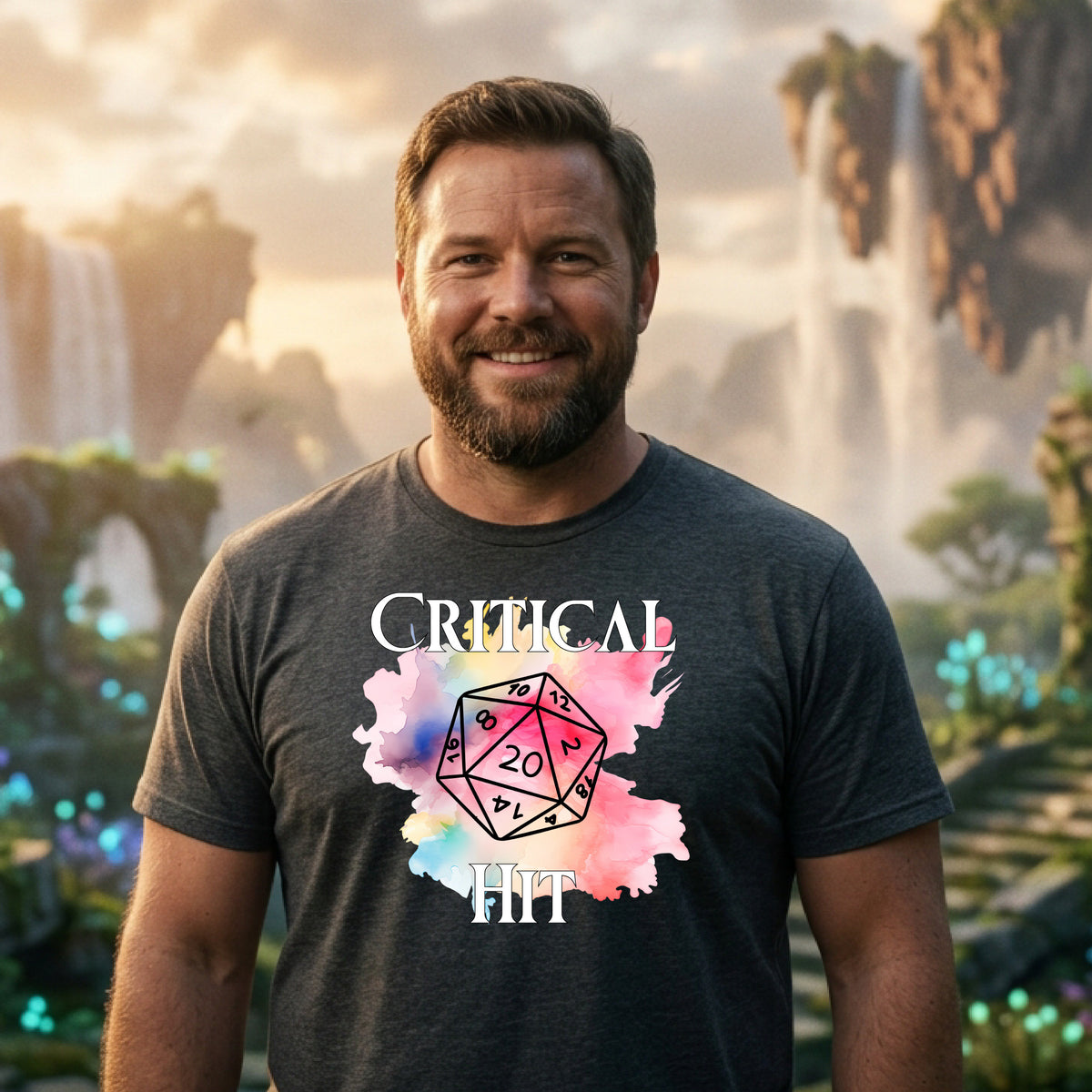 A smiling man with a beard stands outdoors in a fantasy landscape wearing a dark heather gray t-shirt with a colorful graphic that reads 'CRITICAL HIT' and features a pink and blue watercolor d20 die illustration.