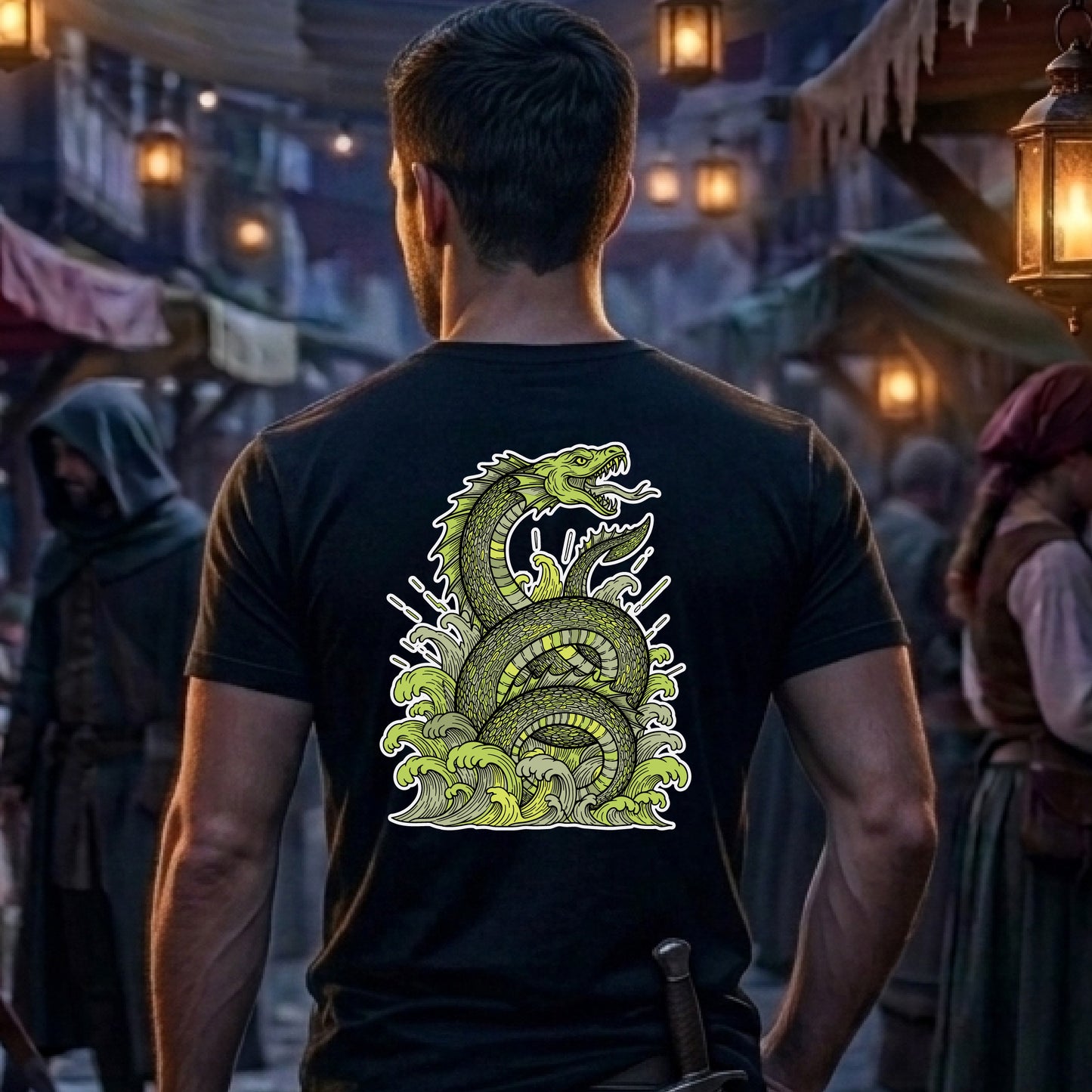 A man viewed from behind wearing a black t-shirt with a large green and yellow-green Norse sea serpent graphic on the back, set against a blurred medieval market background with lanterns.