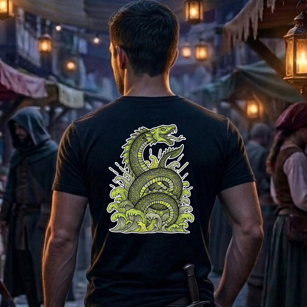 A man viewed from behind wearing a black t-shirt with a large green and yellow-green Norse sea serpent graphic on the back, set against a blurred medieval market background with lanterns.