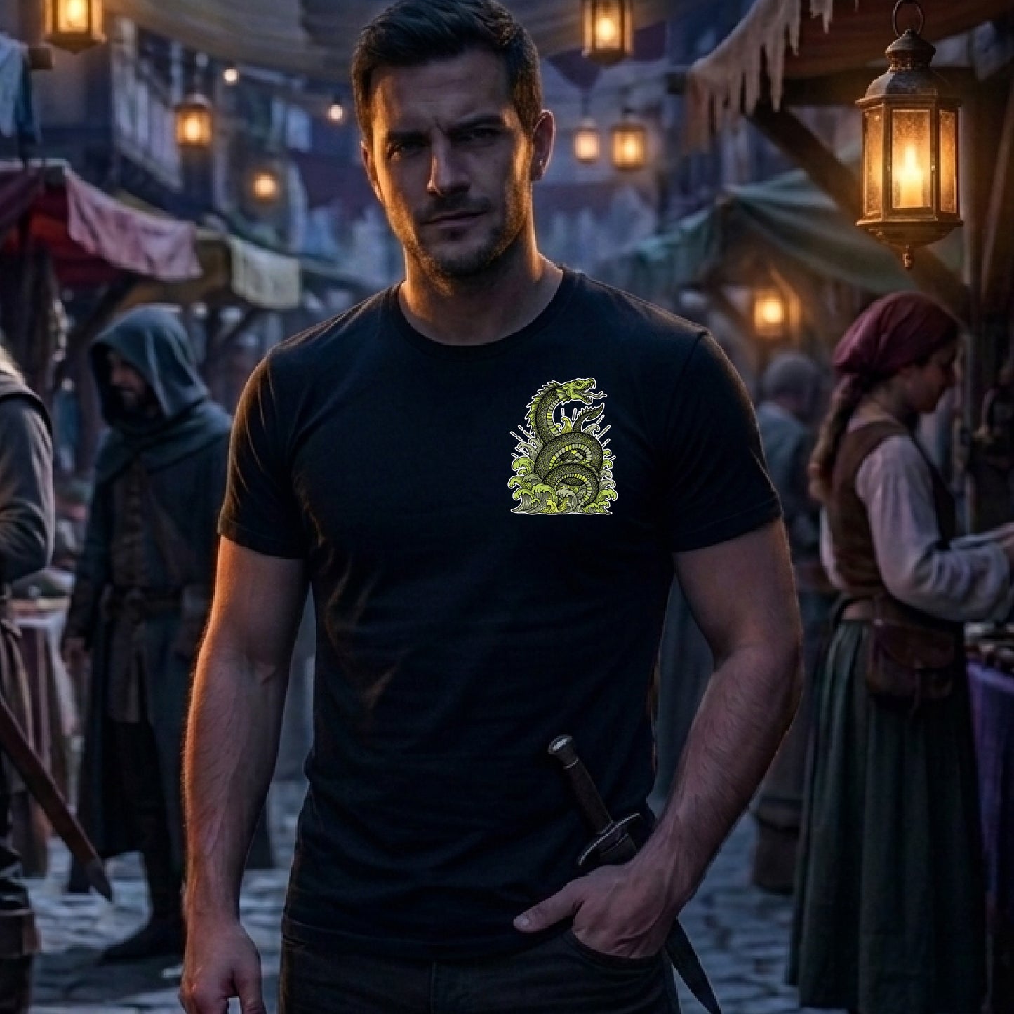 A man wearing a black t-shirt with a green dragon graphic on the chest, standing in a medieval market scene with lanterns and people in the background.