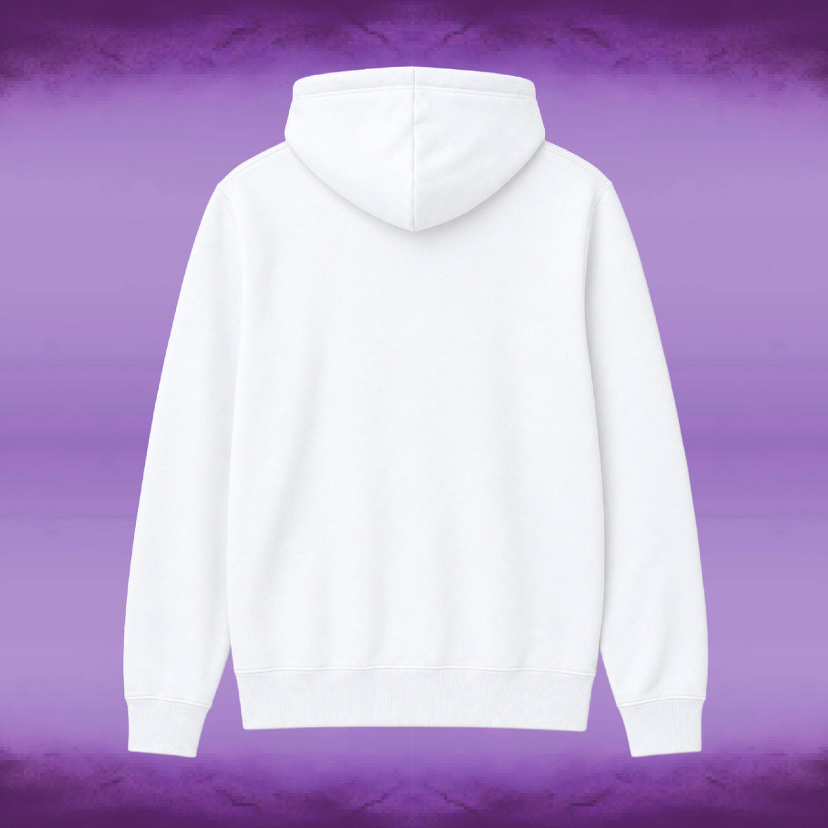 A plain white pullover hoodie shown from the back, centered against a purple gradient background with a textured look.