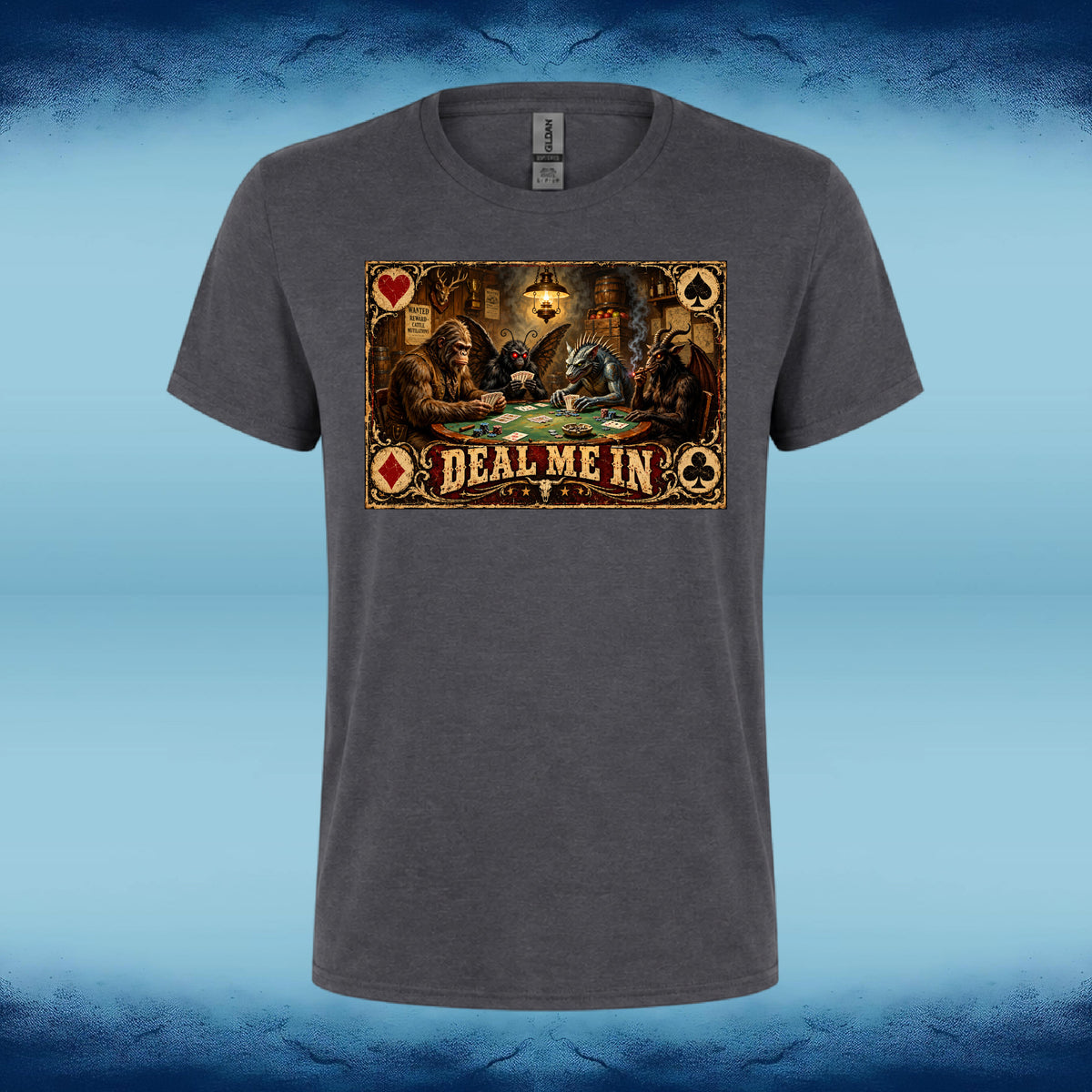 Dark grey crewneck tee featuring cryptids playing poker in a saloon with “Deal Me In” lettering.