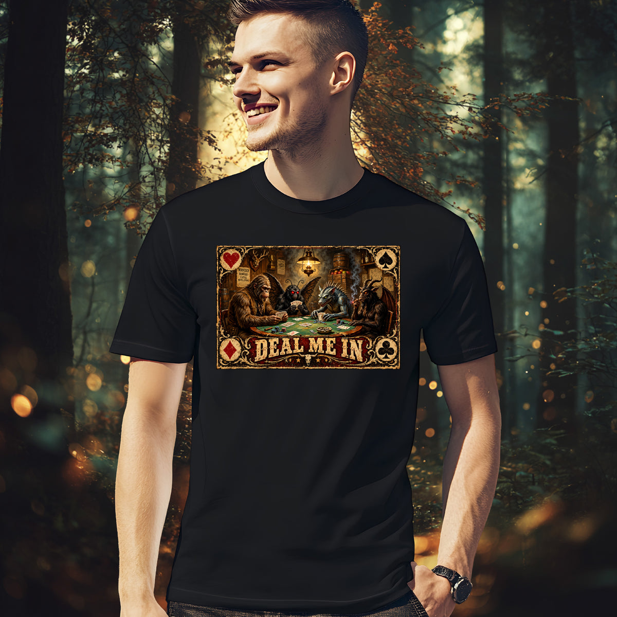 Model wearing a black Monsters’ Midnight Saloon tee with cryptids playing poker and ‘Deal Me In’ lettering.