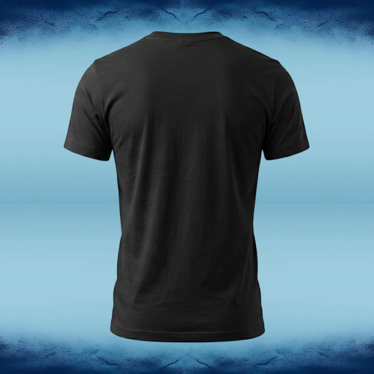 A black short-sleeve crewneck t-shirt shown from the back, centered against a blue gradient background with textured dark blue borders at the top and bottom.