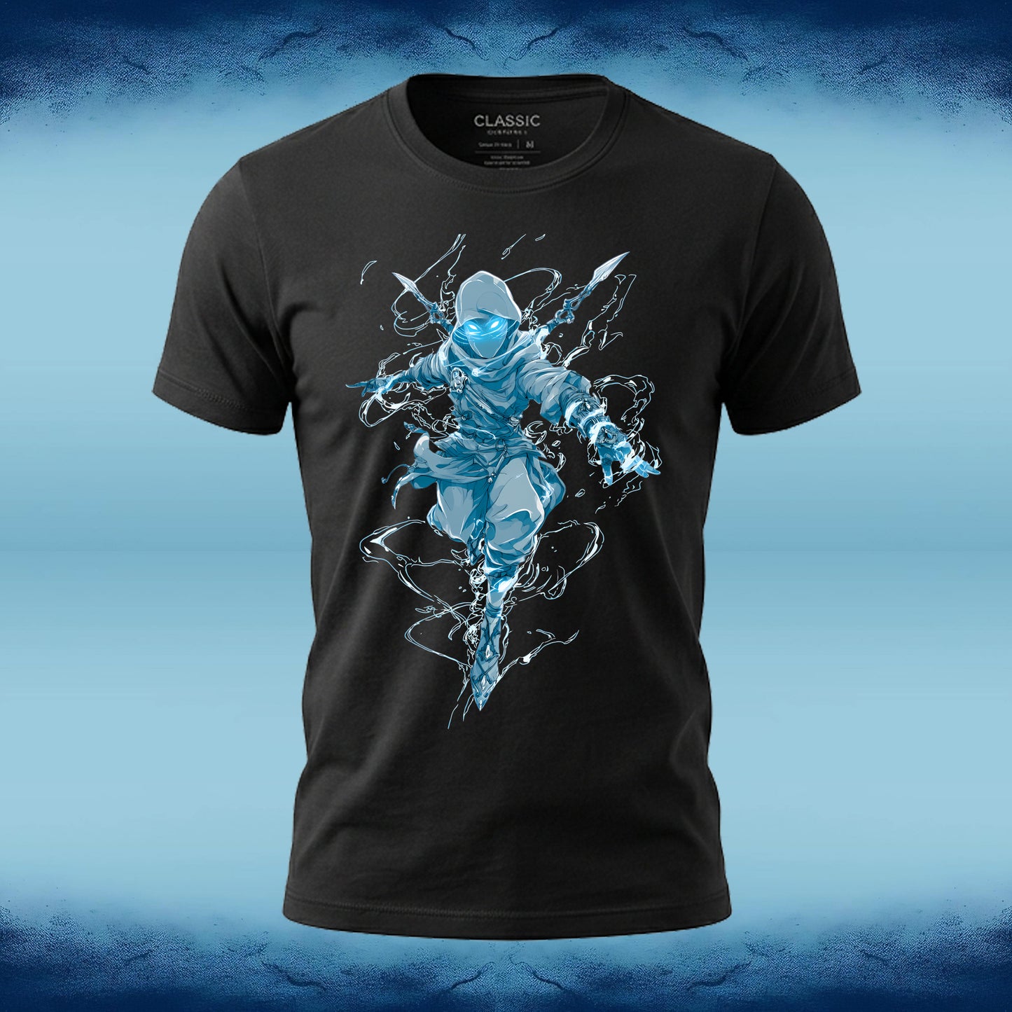 A black short-sleeve t-shirt with a graphic of a ninja in a blue and white ice-like pose, displayed on a blue textured background.