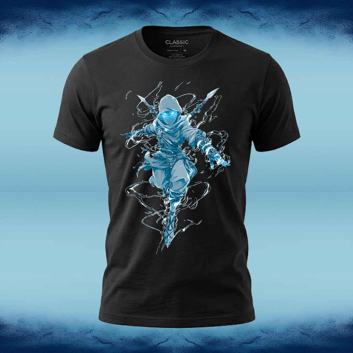 A black short-sleeve t-shirt with a graphic of a ninja in a blue and white ice-like pose, displayed on a blue textured background.