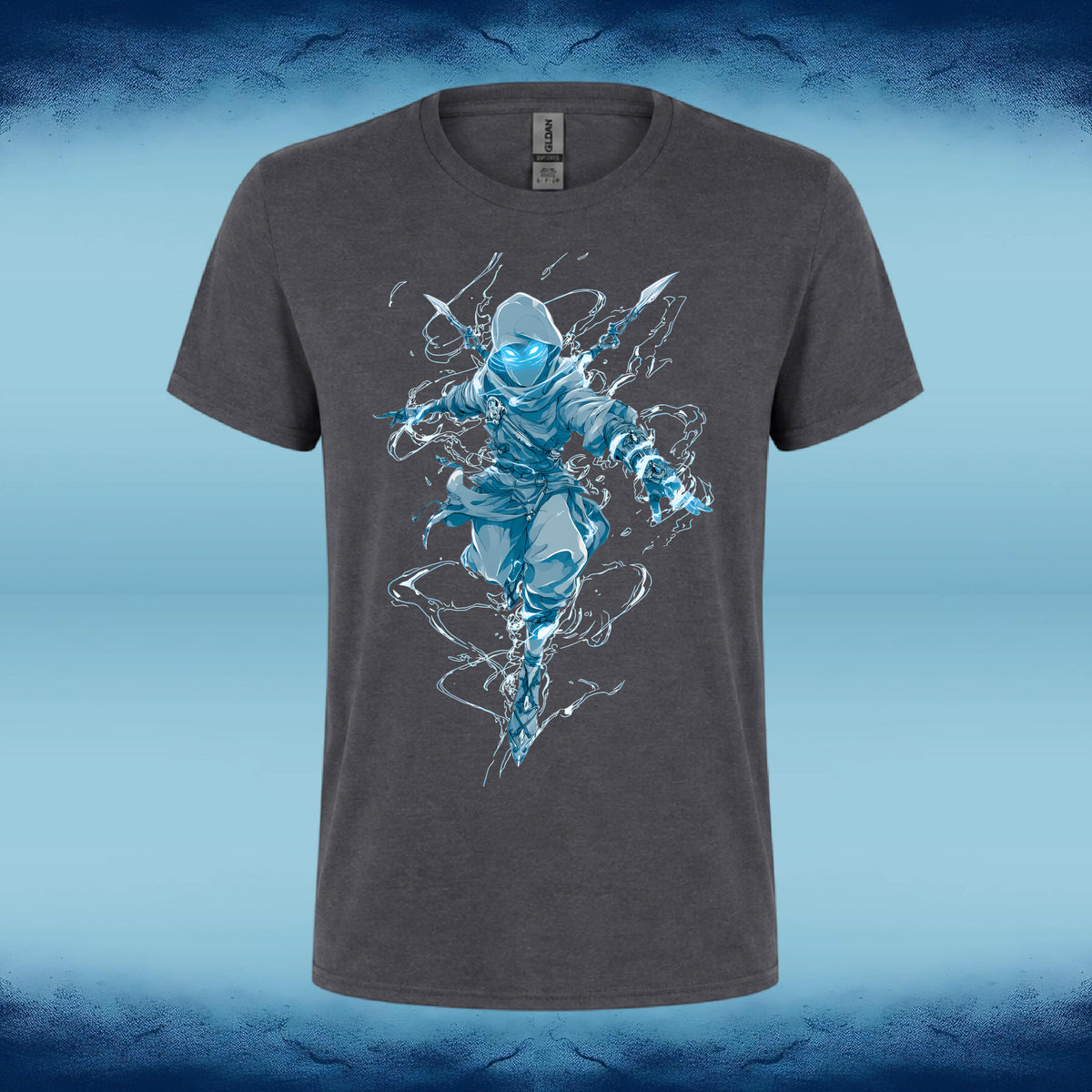 A dark heather gray crewneck t-shirt featuring a graphic print of a ninja figure surrounded by blue and white lightning effects, displayed against a blue gradient background.