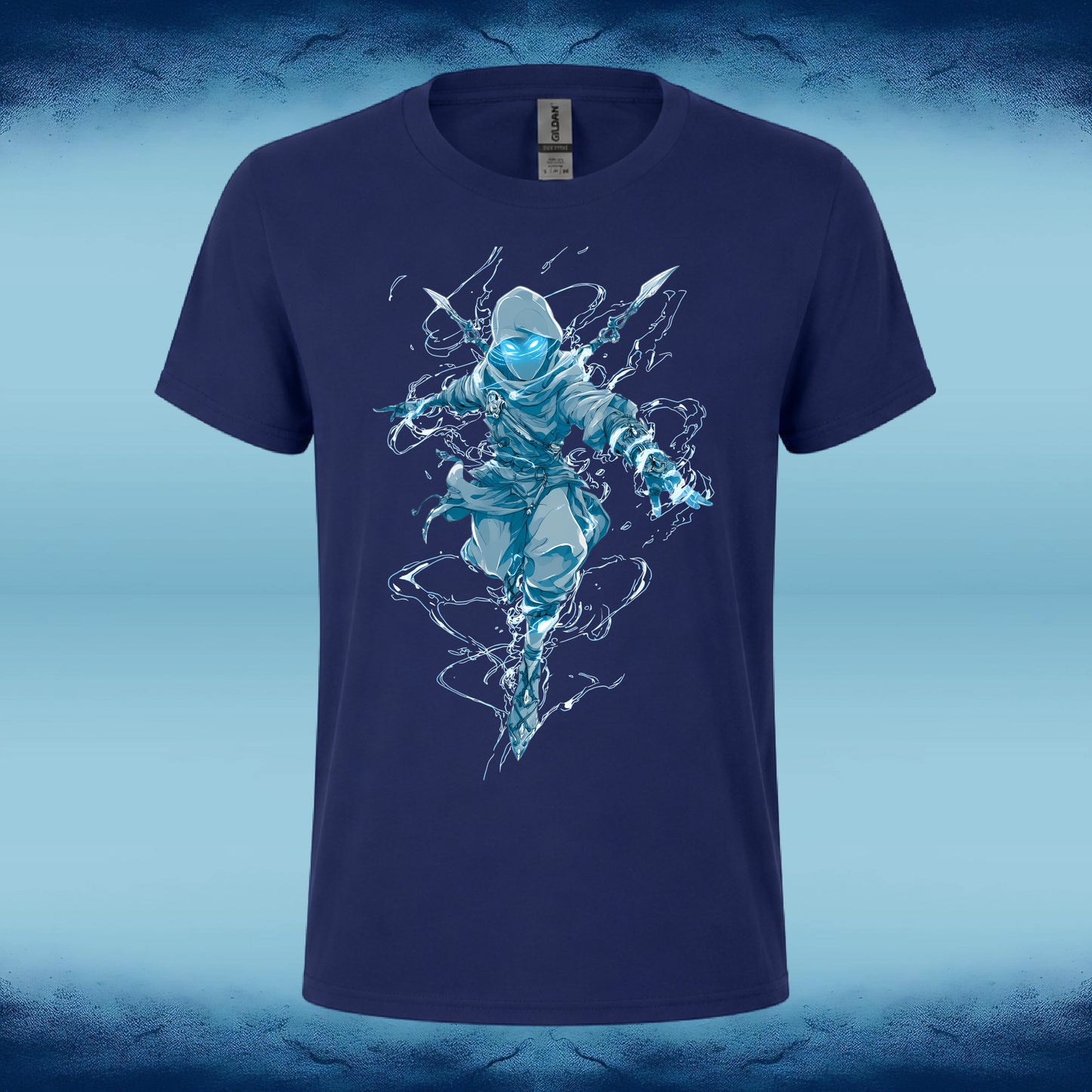 A navy blue short-sleeve t-shirt with a central graphic of a ninja figure in a dynamic pose surrounded by swirling blue and white energy effects. The t-shirt is displayed against a textured blue background.