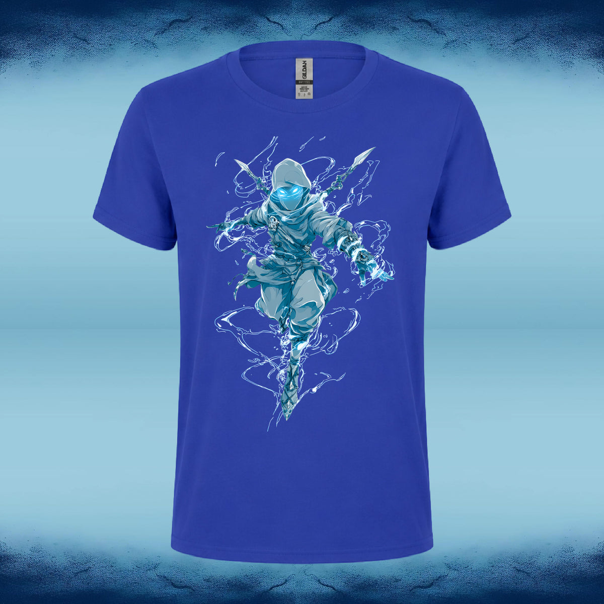 A royal blue short-sleeve t-shirt featuring a central graphic of a ninja character surrounded by glowing blue energy effects, displayed against a textured blue gradient background.