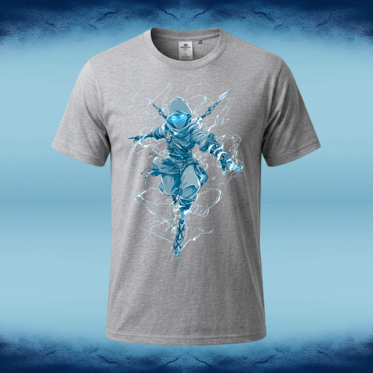 A heather gray short-sleeve t-shirt featuring a blue and white graphic of a ninja character surrounded by lightning, displayed against a blue gradient background.