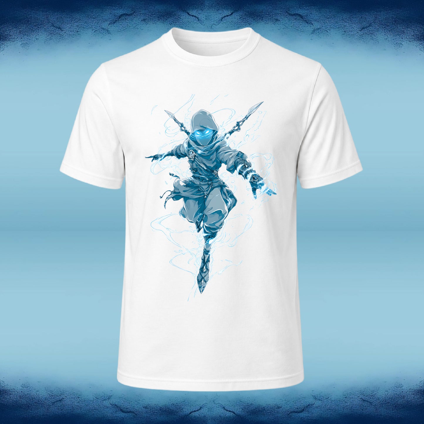 A white short-sleeve crewneck t-shirt featuring a blue and gray graphic of a ninja character with glowing blue eyes and lightning effects, displayed against a blue textured background.