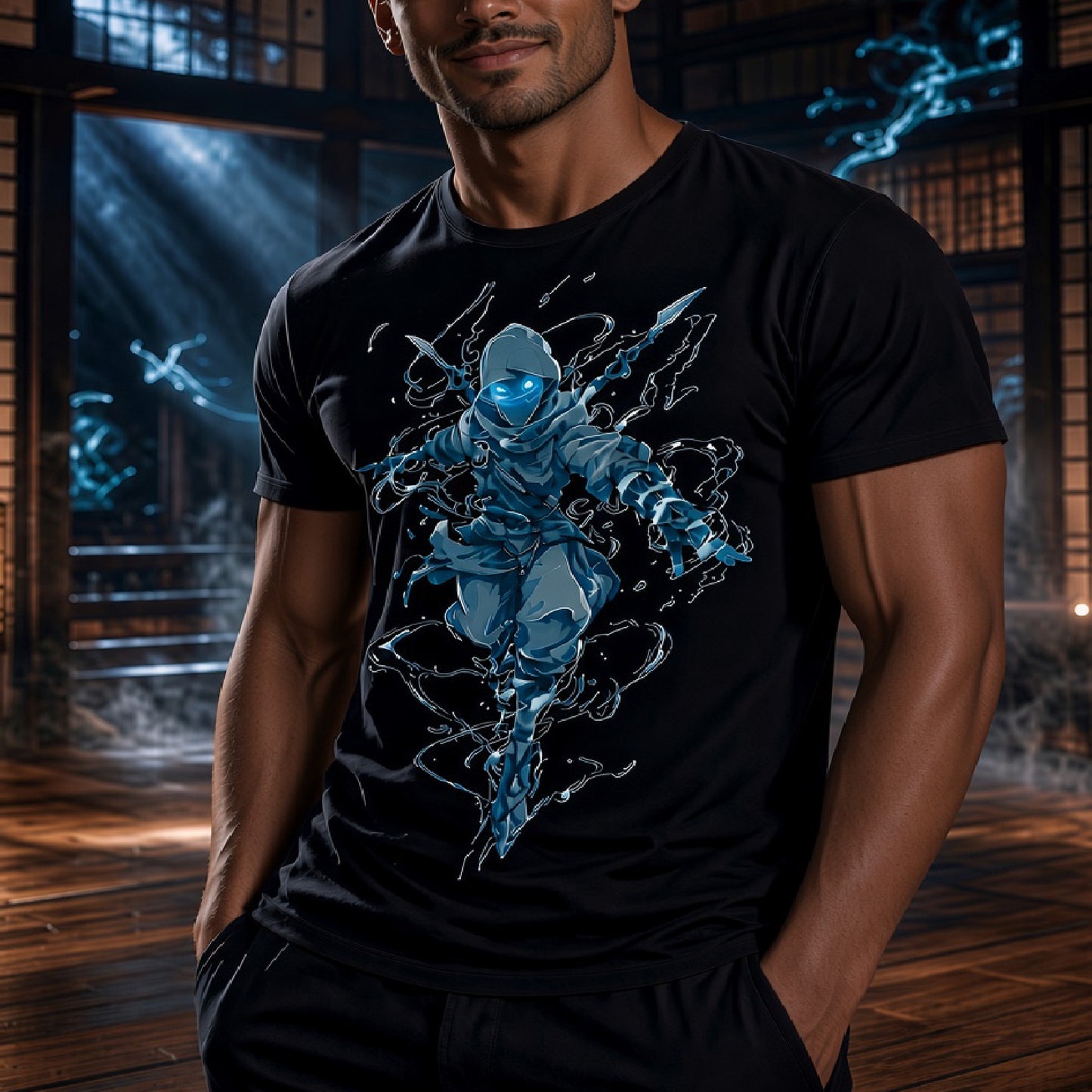 A man wearing a black t-shirt with a detailed blue and gray graphic of a ninja character surrounded by energy effects, set against a dark, atmospheric dojo background.