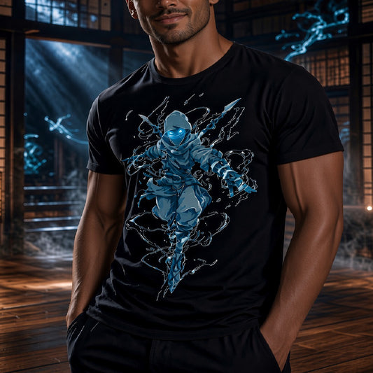 A man wearing a black t-shirt with a detailed blue and gray graphic of a ninja character surrounded by energy effects, set against a dark, atmospheric dojo background.