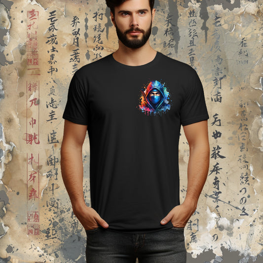 A man wearing a black short-sleeve t-shirt with a colorful graphic of a hooded figure in the center chest, set against a background of aged, textured paper with Japanese calligraphy.