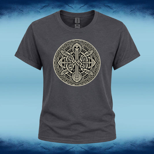 A dark gray crewneck t-shirt featuring a circular Celtic knot design printed on the chest, set against a blue textured background.