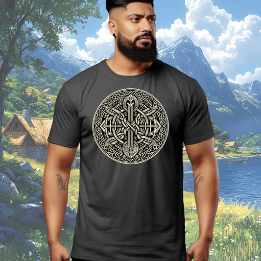A man wearing a dark gray t-shirt with a large circular Celtic knot design on the chest, set against a scenic background of a mountain village and lake.