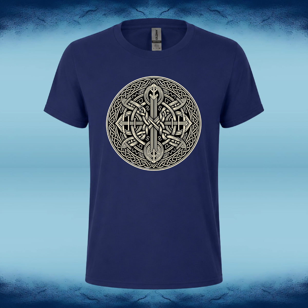 A navy blue short-sleeve crewneck t-shirt featuring a large circular Celtic knot design printed on the chest in a light beige/cream color, set against a blue textured background.