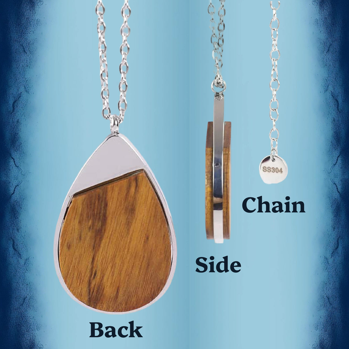 Silver teardrop pendant necklace with a wood inlay, shown from the back, side, and chain views against a blue gradient background.