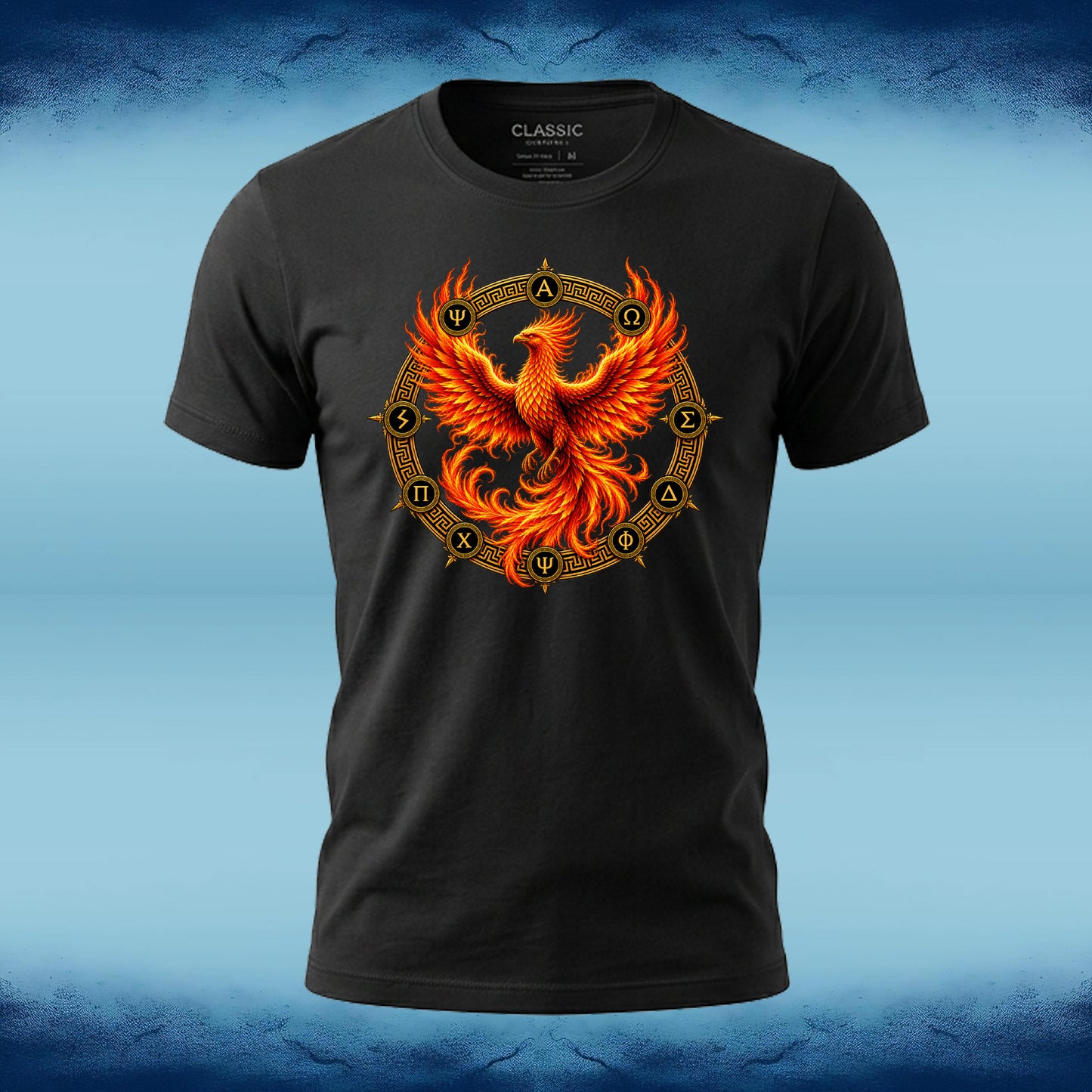 A black short-sleeve crewneck t-shirt featuring a vibrant graphic of a fiery phoenix in shades of orange and yellow, set against a circular gold zodiac wheel. The shirt is displayed on a blue textured background.