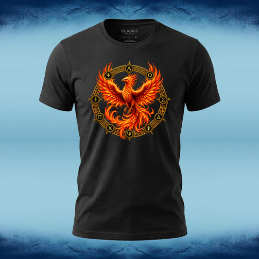 A black short-sleeve crewneck t-shirt featuring a vibrant graphic of a fiery phoenix in shades of orange and yellow, set against a circular gold zodiac wheel. The shirt is displayed on a blue textured background.