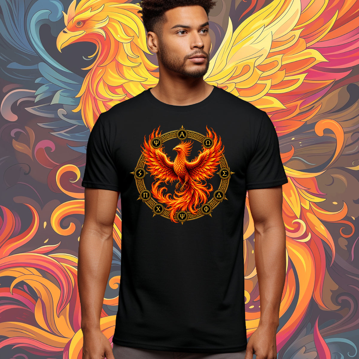A man wearing a black t-shirt with a detailed graphic of a fiery phoenix in orange, red, and yellow, set against a matching abstract background of a phoenix.