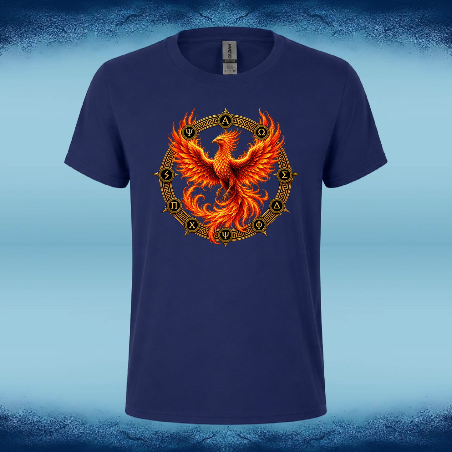 A navy blue short-sleeve t-shirt featuring a large graphic of a fiery orange and yellow phoenix inside a circular gold emblem on the chest, set against a blue textured background.