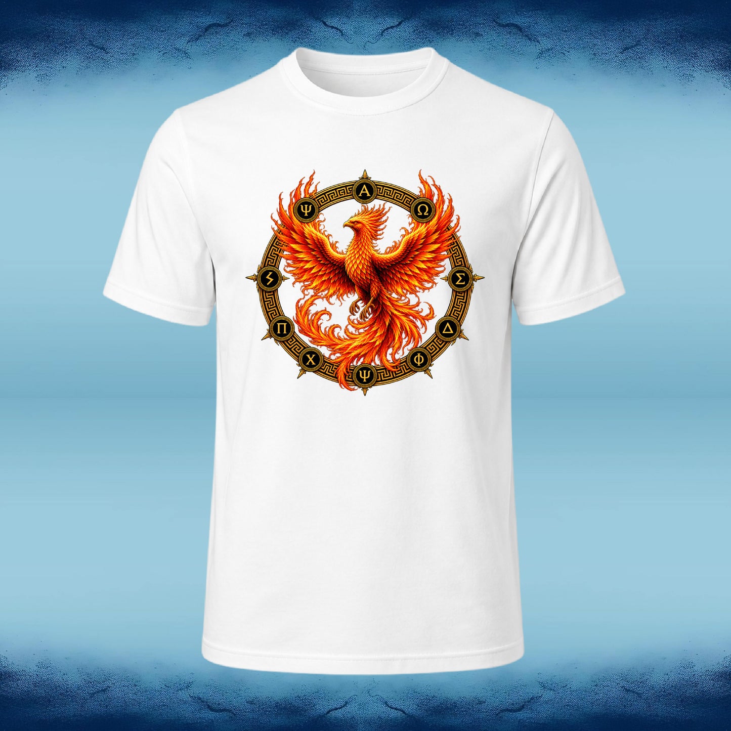 A white short-sleeve crewneck t-shirt featuring a large graphic of a fiery orange and yellow phoenix rising from a circular gold and black astrological wheel, displayed against a blue gradient background.