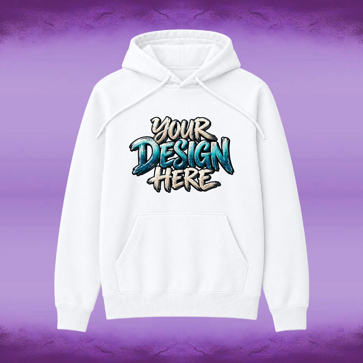 A white pullover hoodie with a kangaroo pocket and drawstrings, featuring a customizable graphic on the chest that reads 'YOUR DESIGN HERE' in a stylized 3D font with blue and gold shading. The hoodie is centered against a textured purple gradient background.