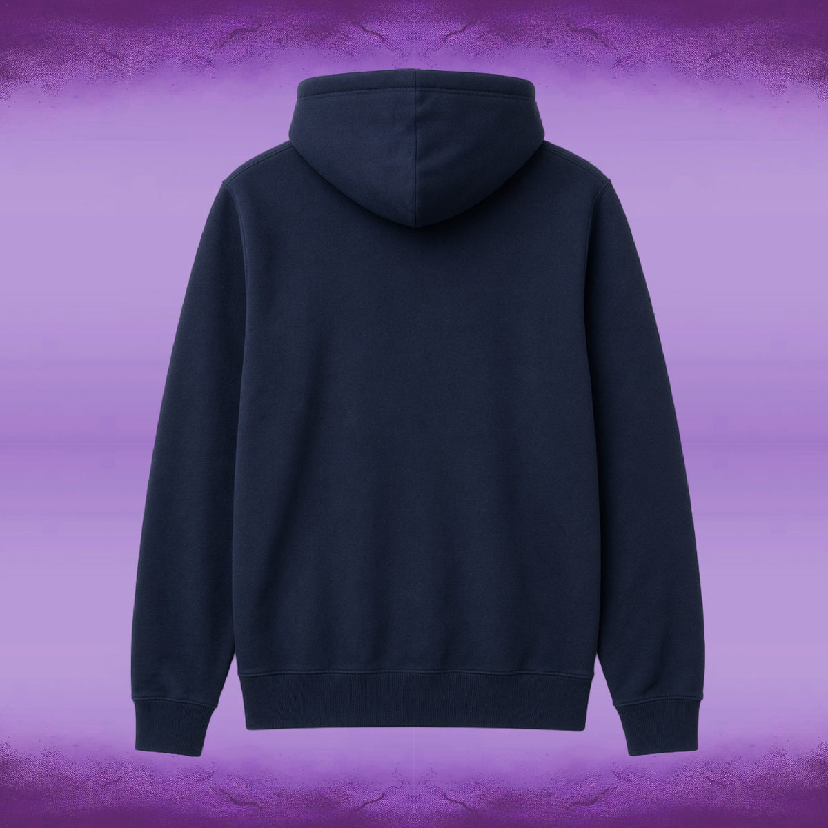 A dark navy blue hoodie shown from the back, centered against a purple gradient background with a textured, cracked pattern at the top and bottom.