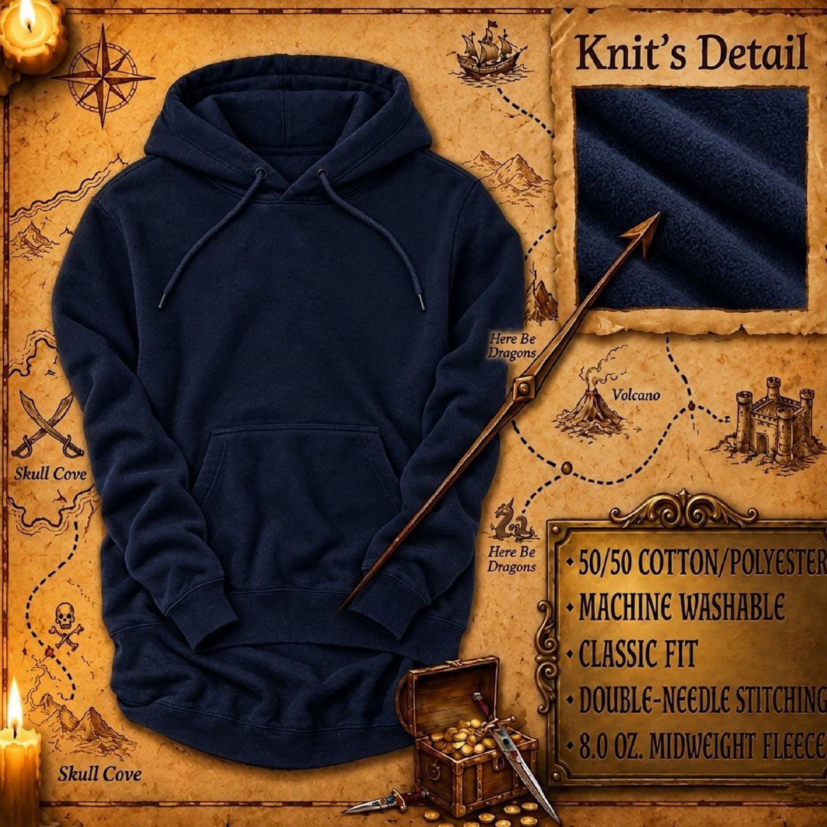 A navy blue pullover hoodie laid flat on an illustrated treasure-map background, with a fabric close-up inset labeled 'Knit's Detail,' candles, a compass, and product feature text including '50/50 cotton/polyester,' 'machine washable,' 'classic fit,' 'double-needle stitching,' and '8 oz. midweight fleece.