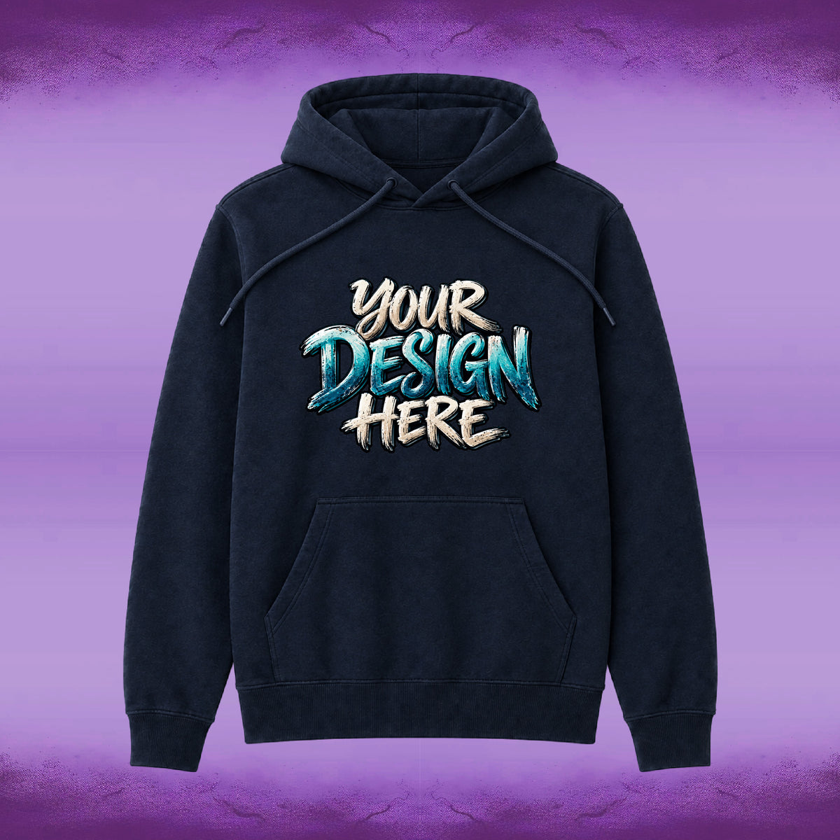 A dark navy blue custom-printable hoodie with a front kangaroo pocket and drawstrings, featuring a mock graphic that reads 'YOUR DESIGN HERE' in white and teal. The hoodie is centered against a purple textured background.