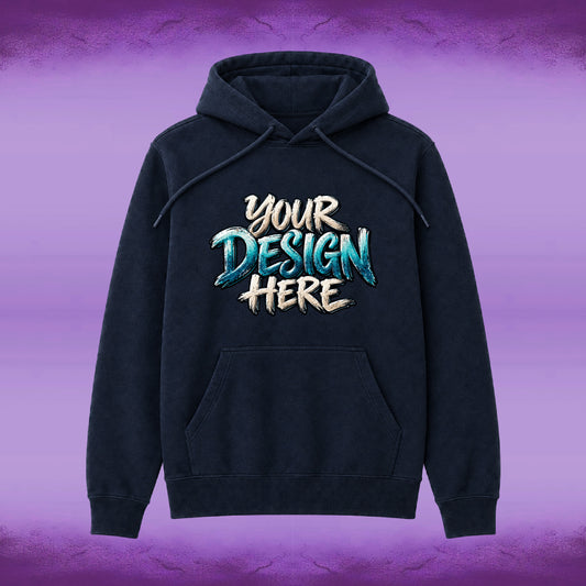 A dark navy blue custom-printable hoodie with a front kangaroo pocket and drawstrings, featuring a mock graphic that reads 'YOUR DESIGN HERE' in white and teal. The hoodie is centered against a purple textured background.