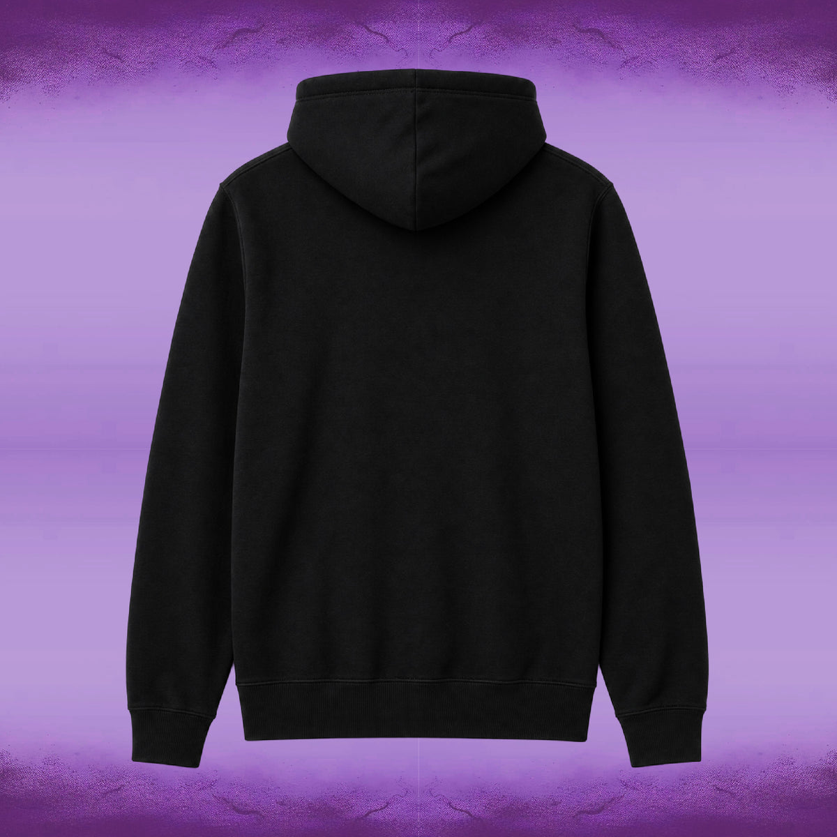 A black pullover hoodie shown from the back, centered against a purple gradient background with a textured, cracked pattern.